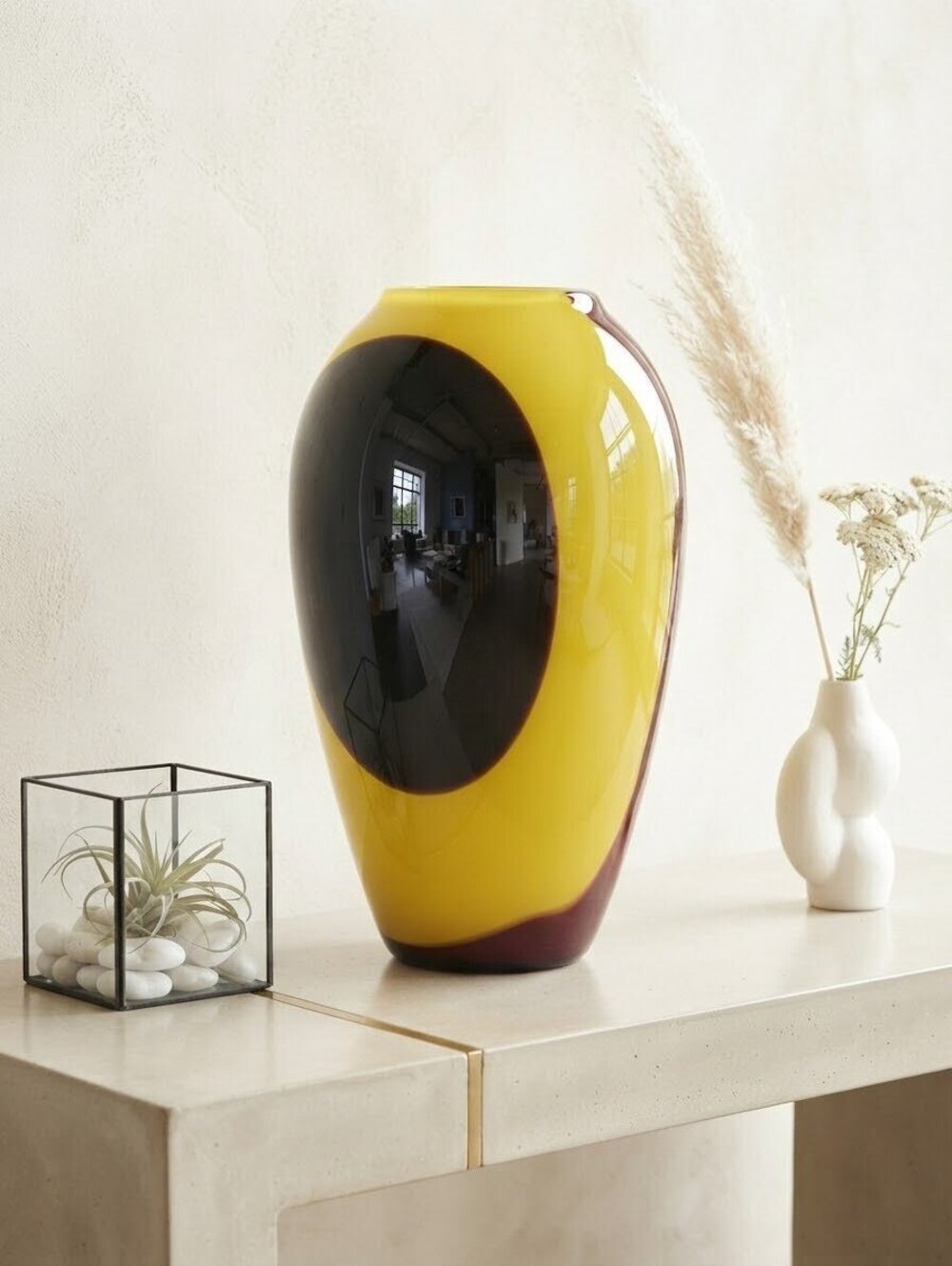 Mid-Century Modern Yellow, Black, and red Art Glass Vase 1